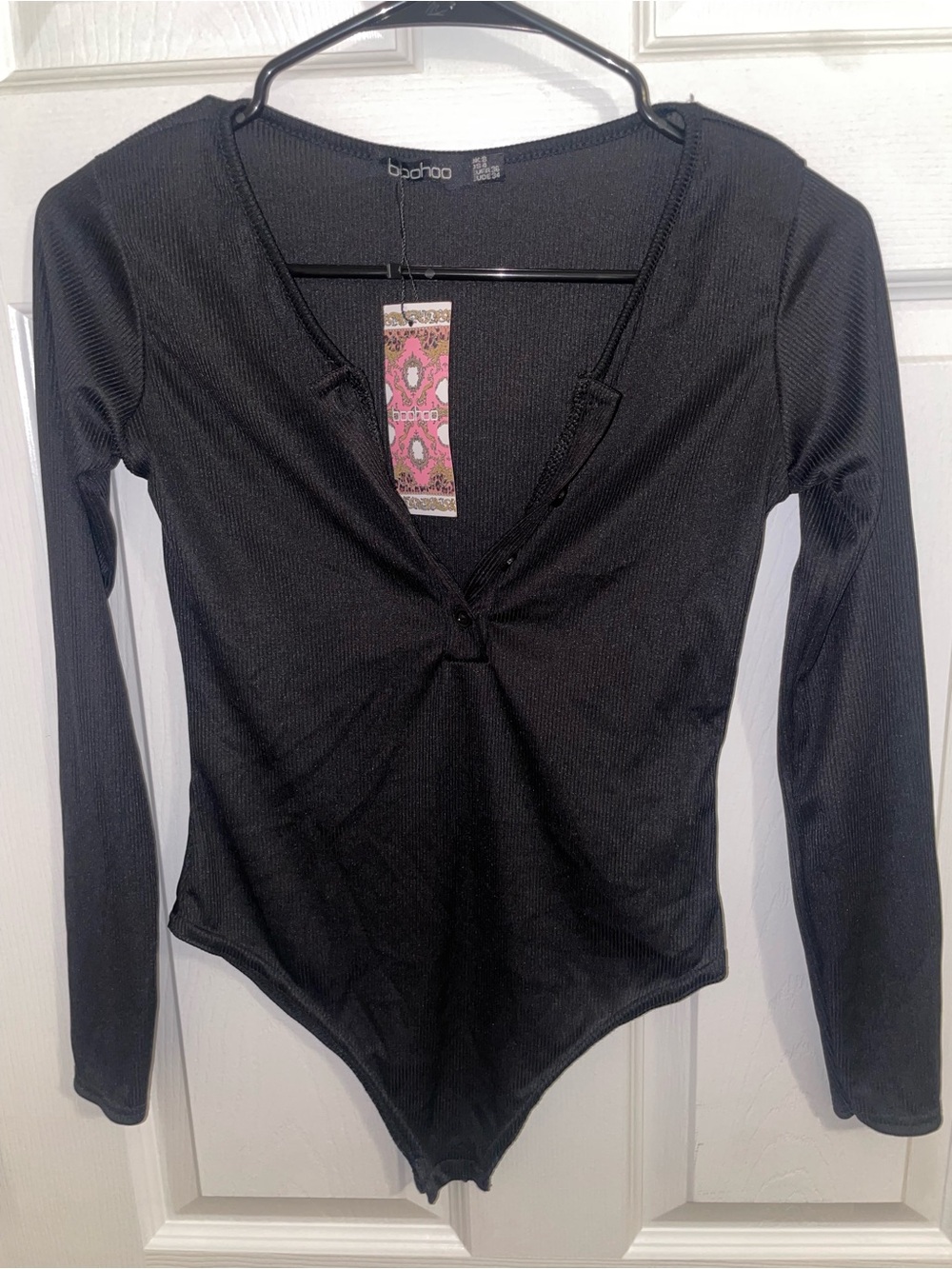 Boohoo Black Long Sleeve Button Up Bodysuit